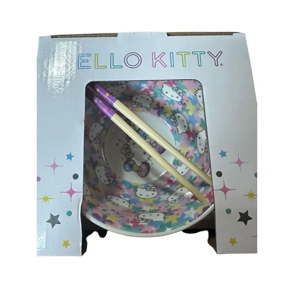HELLO KITTY Ramen Noodle Pasta Bowl W/ Chopsticks Hello Kitty Rainbow St…‎